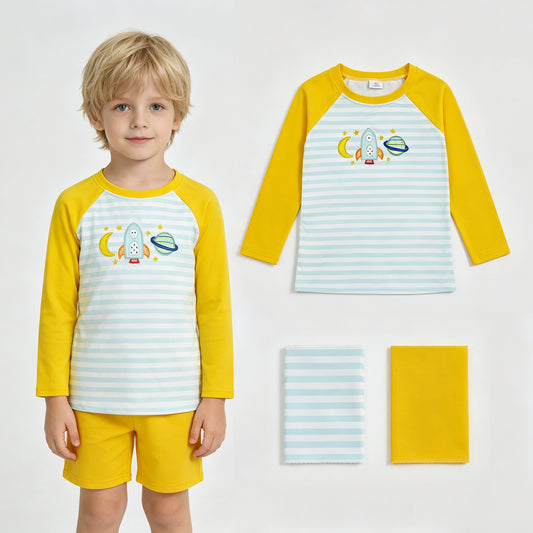 BT1831 Space Cosmic Embroidery Stripe Boys Raglan Sleeve Tee Shirts Top
