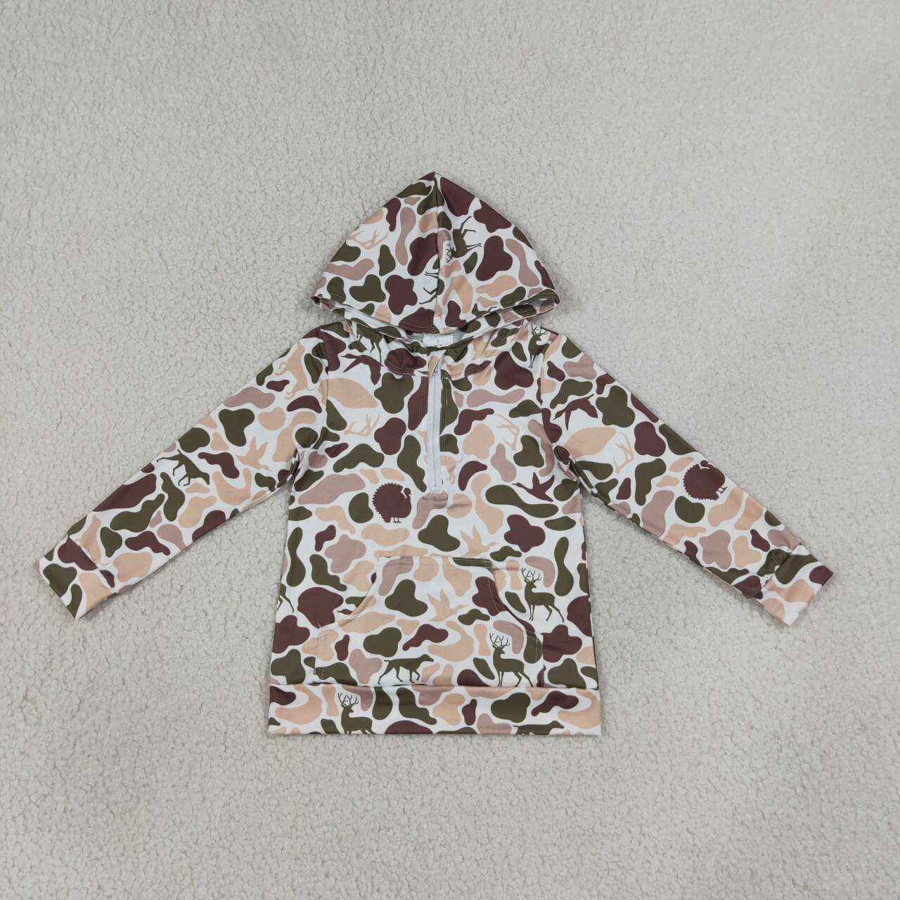 BT1852 Khaki Camo Kids Long Sleeve Pocket Zipper Hoodie Top