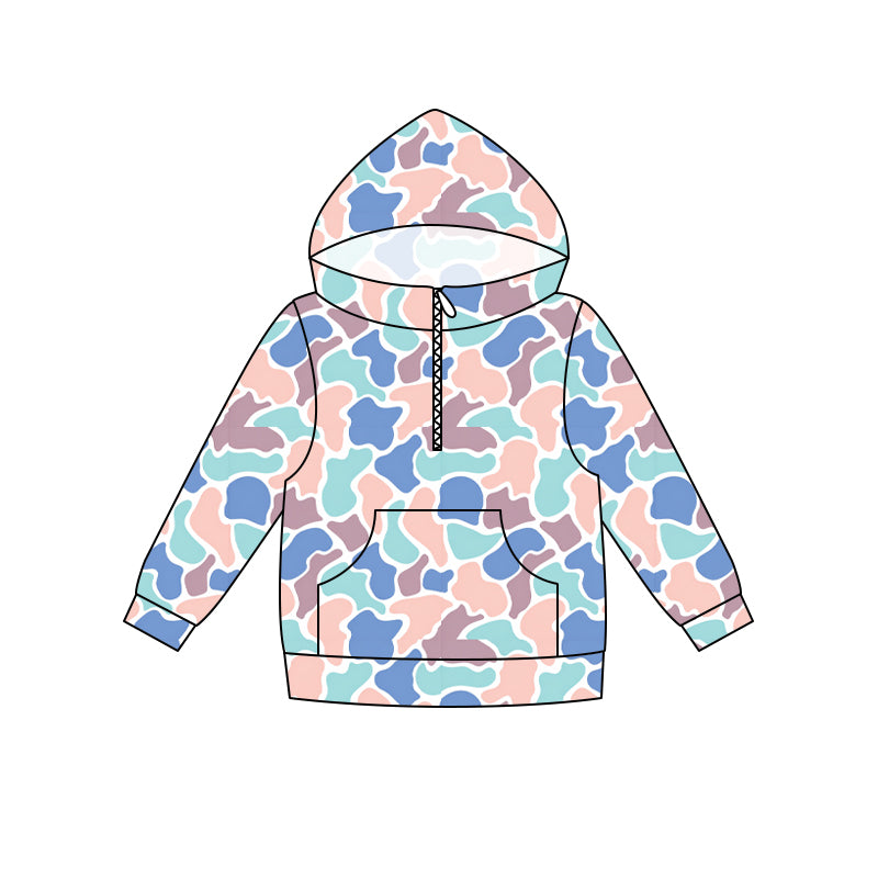 5.16 Preorder Adult Women Blue Camo Long Sleeve Half Zipper Hoodie Top Preorder