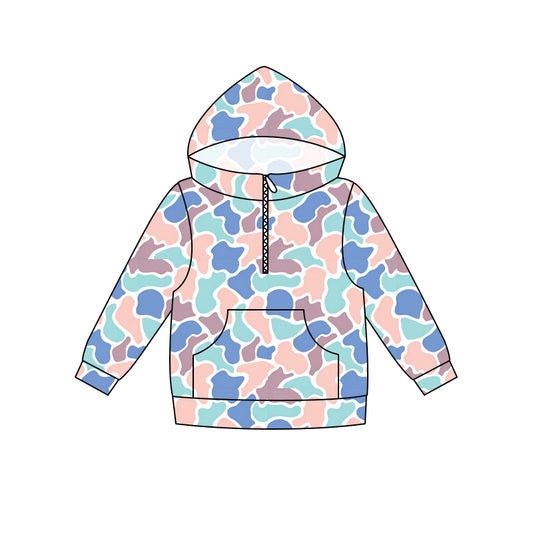 5.16 Preorder Adult Women Blue Camo Long Sleeve Half Zipper Hoodie Top Preorder