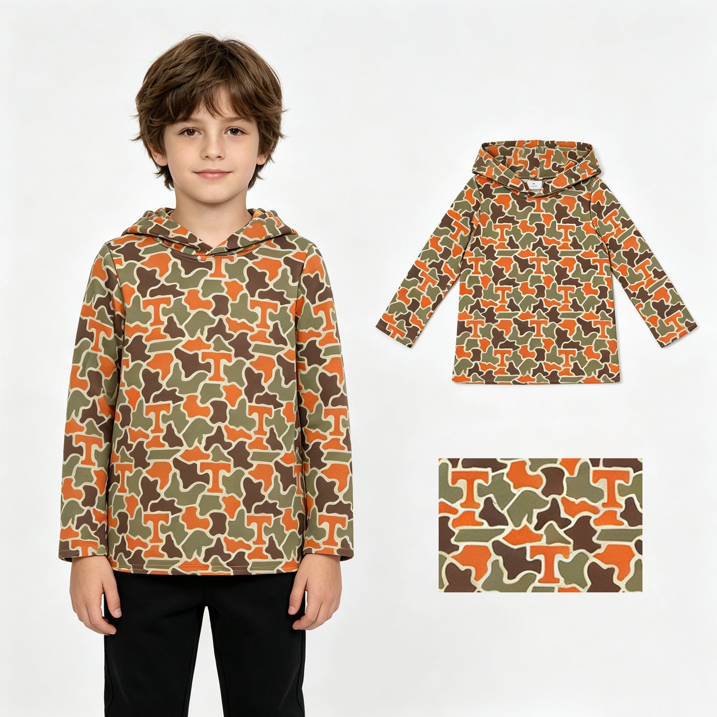 BT1856 Teams Tennessee Green Orange Camo Print Kids Boys Hoodie Top