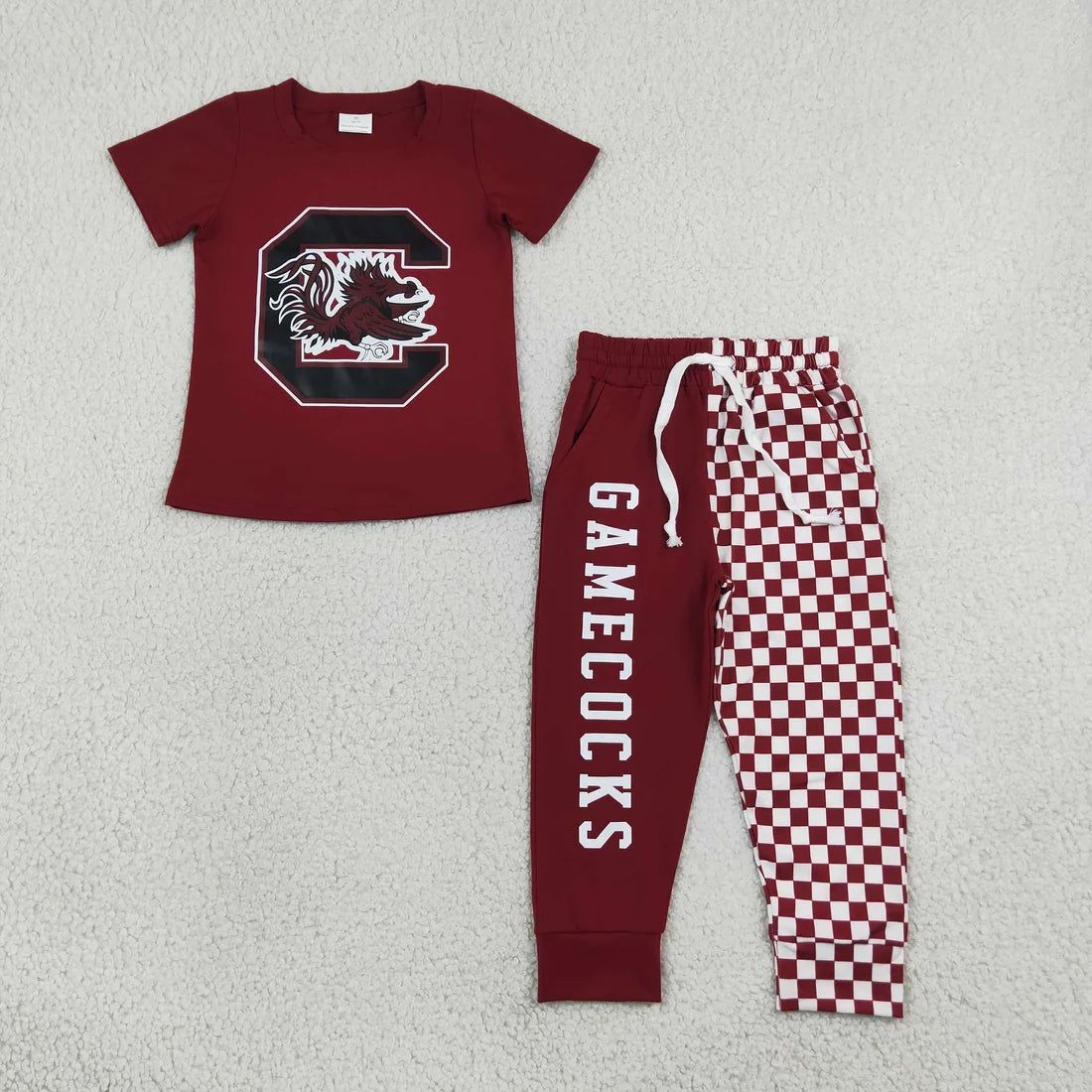 Sibling Kids Boys Cotton Short Sleeve  Checked Jogger Pants Vinyl Sport Team Outfit
