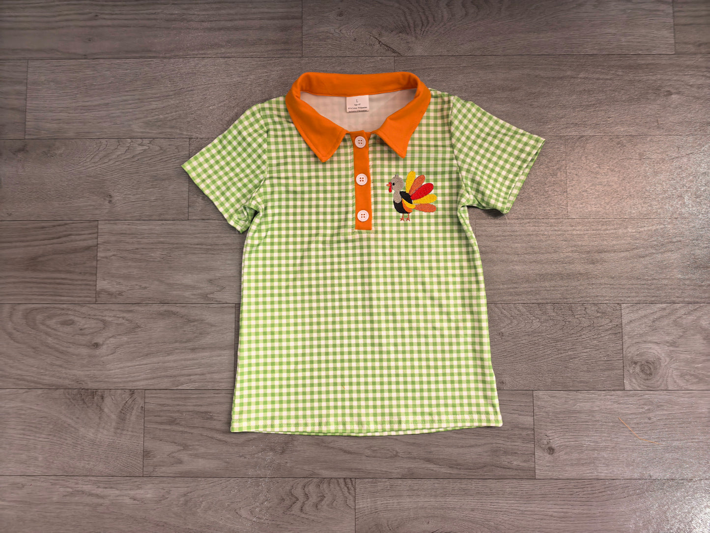 7.23 Preorder BT1889 Baby Boys Thankgiving Turkey Green Gingham Short Sleeve Polo Top
