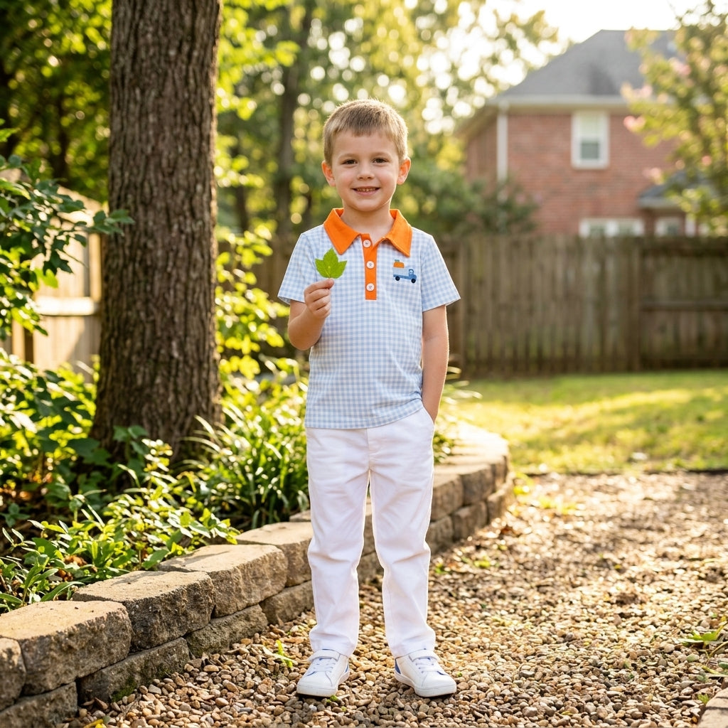 BT1890 Pumpkin Truck Embroidery Blue Checkered Print Boys Fall Polo Tee Shirts Top