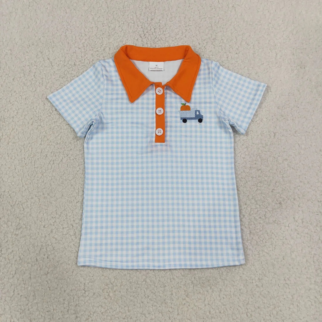 Sibling Baby Boys Embroidery Pumpkin Truck Blue Gingham Short Sleeve Polo Shirt Top