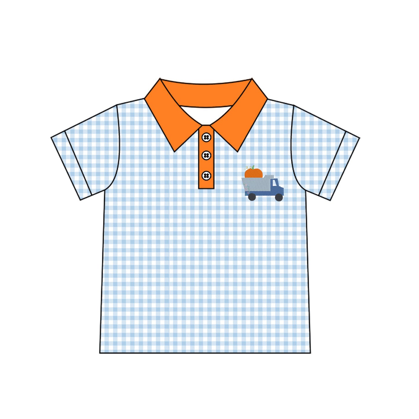 7.23 Preorder Baby Boys Pumpkin Truck Blue Gingham Short Sleeve Polo Top