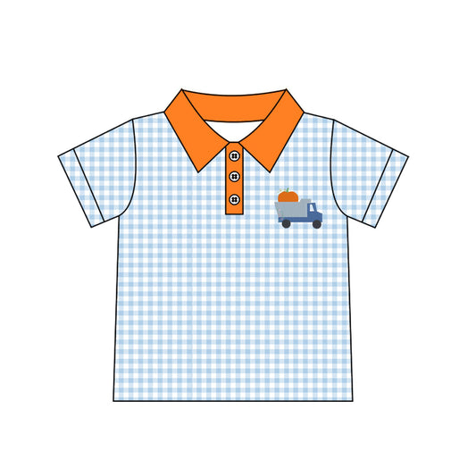 7.23 Preorder Baby Boys Pumpkin Truck Blue Gingham Short Sleeve Polo Top
