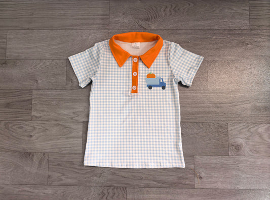 7.23 Preorder Baby Boys Pumpkin Truck Blue Gingham Short Sleeve Polo Top
