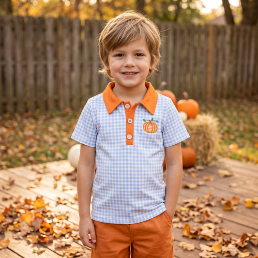 BT1891 Pumpkin Embroidery Blue Checkered Print Boys Fall Polo Tee Shirts Top