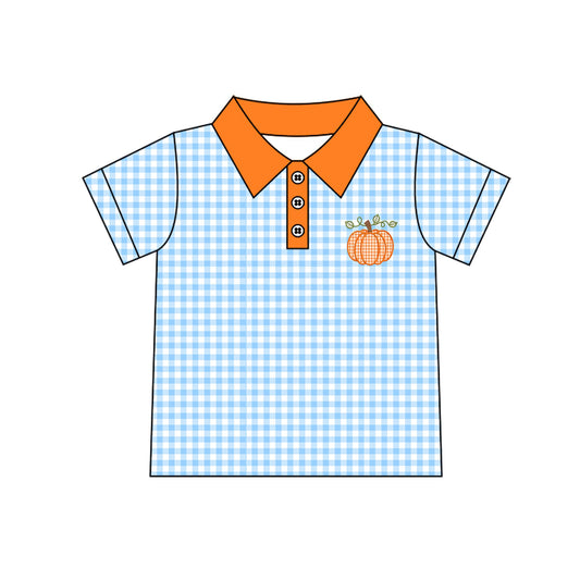 7.23 Preorder Baby Boys Pumpkin  Blue Gingham Short Sleeve Polo Top