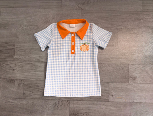 7.23 Preorder Baby Boys Pumpkin  Blue Gingham Short Sleeve Polo Top