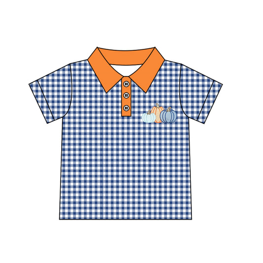 7.23 Preorder Baby Boys Pumpkin Navy Gingham Short Sleeve Polo Top