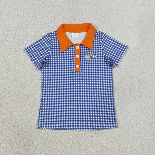 BT1892 Pumpkin Embroidery Blue Checkered Print Boys Fall Polo Tee Shirts Top