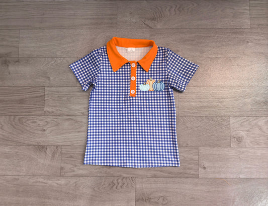 7.23 Preorder Baby Boys Pumpkin Navy Gingham Short Sleeve Polo Top