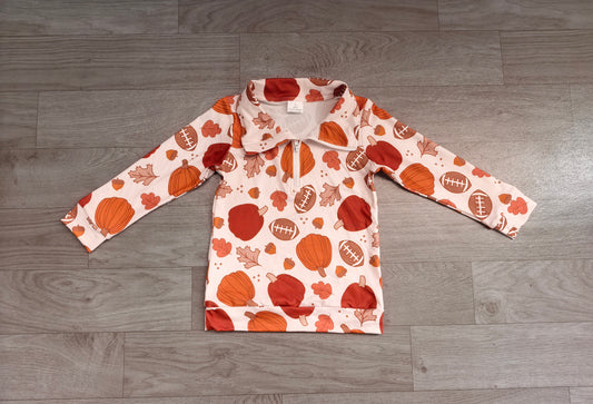 8.7 Preorder Kids Boys Fall Football Pumpkin Long Sleeve Zipper Pullover Top