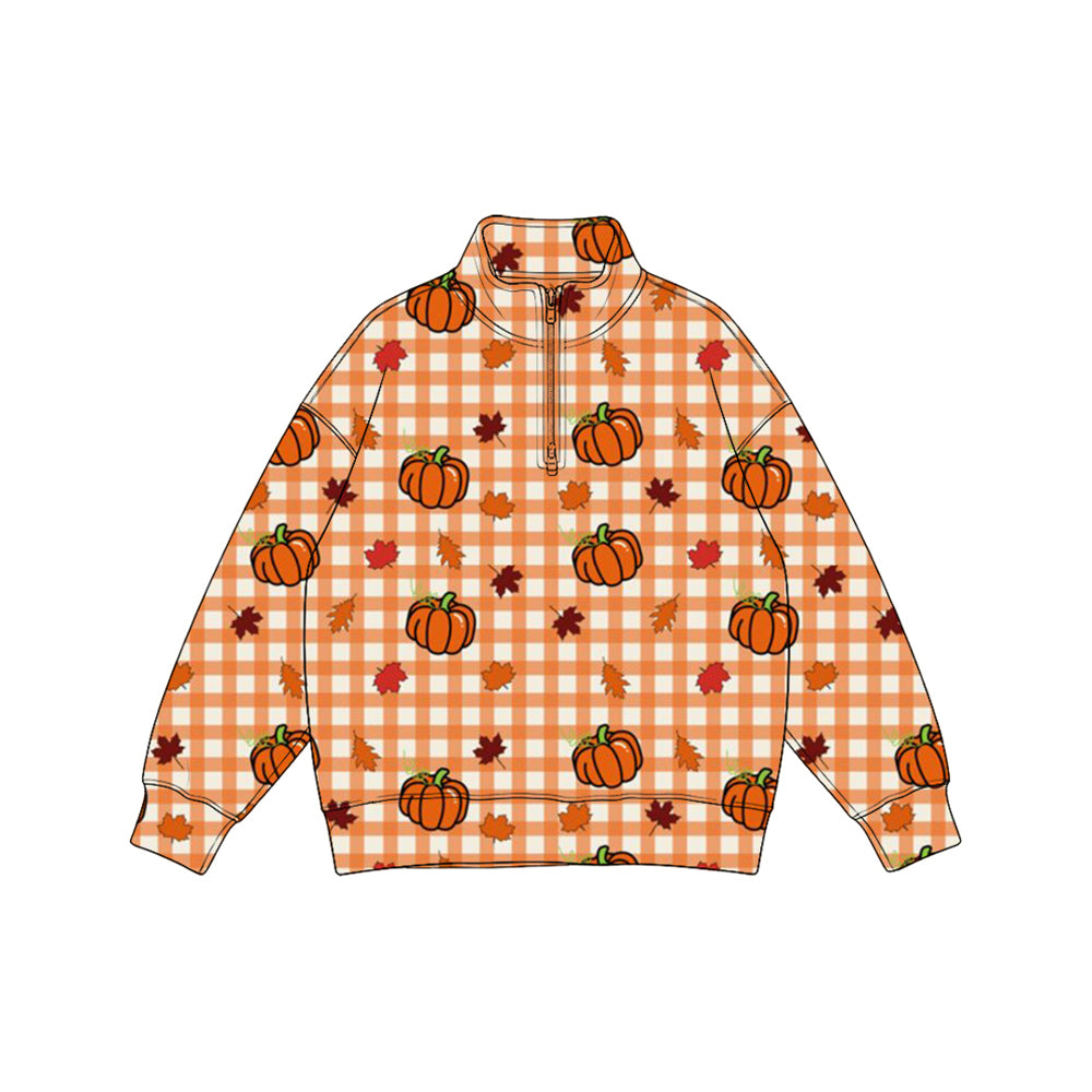8.7 Preorder Kids Boys Fall Pumpkin Gingham Long Sleeve Zipper Pullover Top