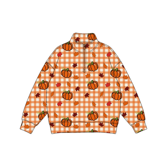 8.7 Preorder Kids Boys Fall Pumpkin Gingham Long Sleeve Zipper Pullover Top