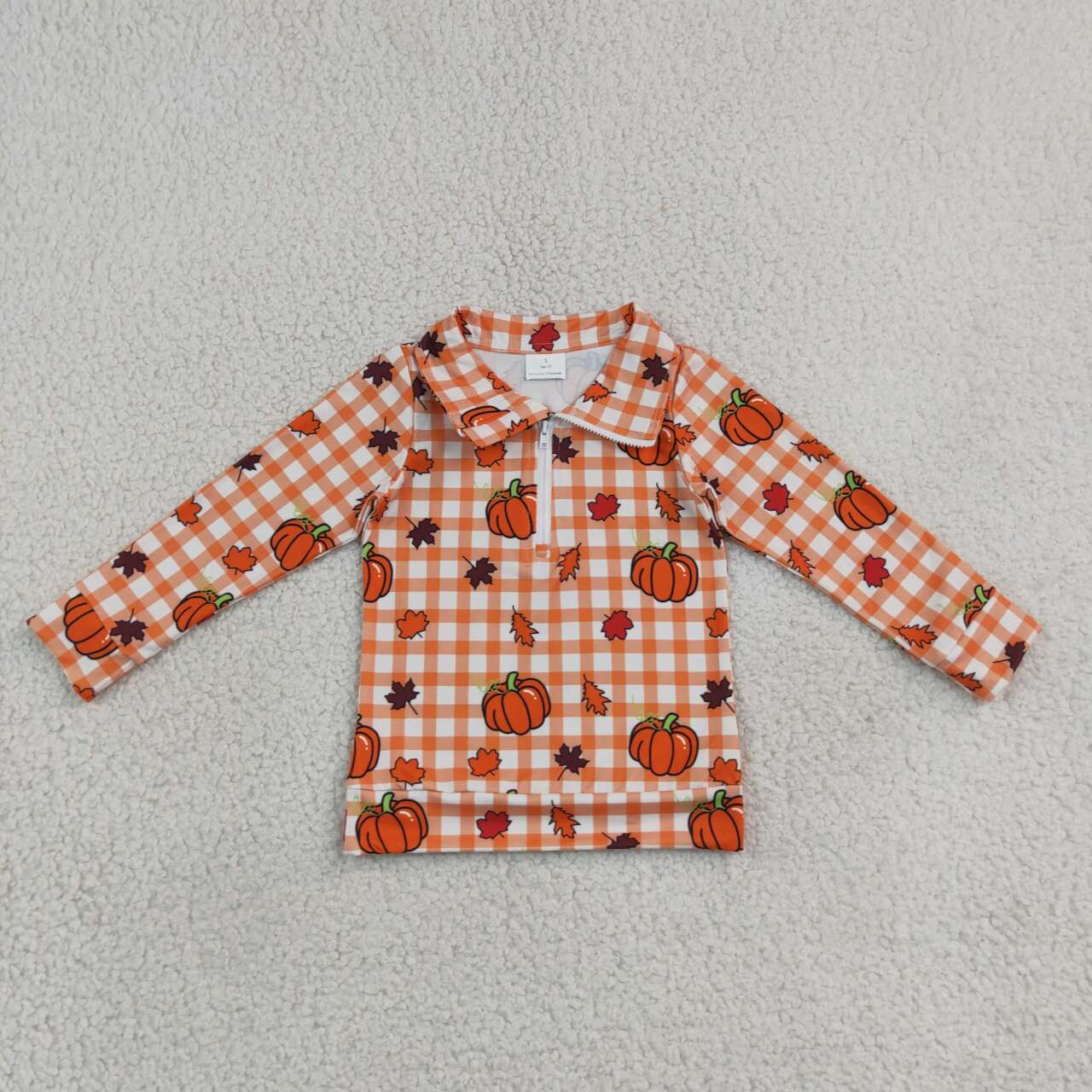 BT1895 Pumpkin Leaf Orange Checkered Print Kids Zipper Pullover Top