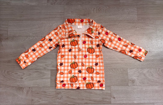 8.7 Preorder Kids Boys Fall Pumpkin Gingham Long Sleeve Zipper Pullover Top
