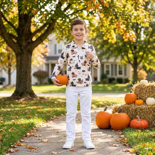 BT1896 Dachshund Dog Pumpkin Boys Halloween Long Sleeve Zipper Pullover Top