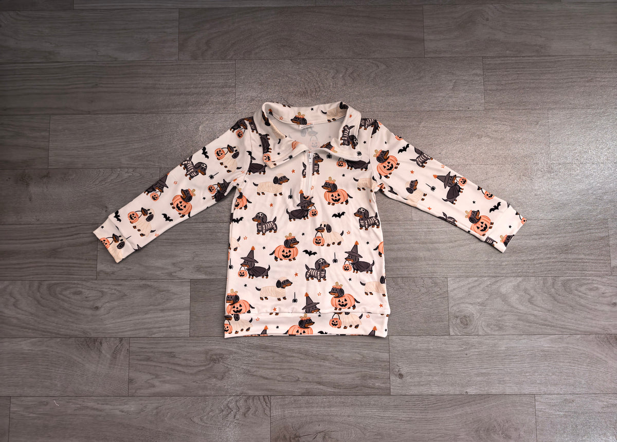 8.7 Preorder Kids Boys Halloween Dachshund Dog Long Sleeve Zipper Pullover Top