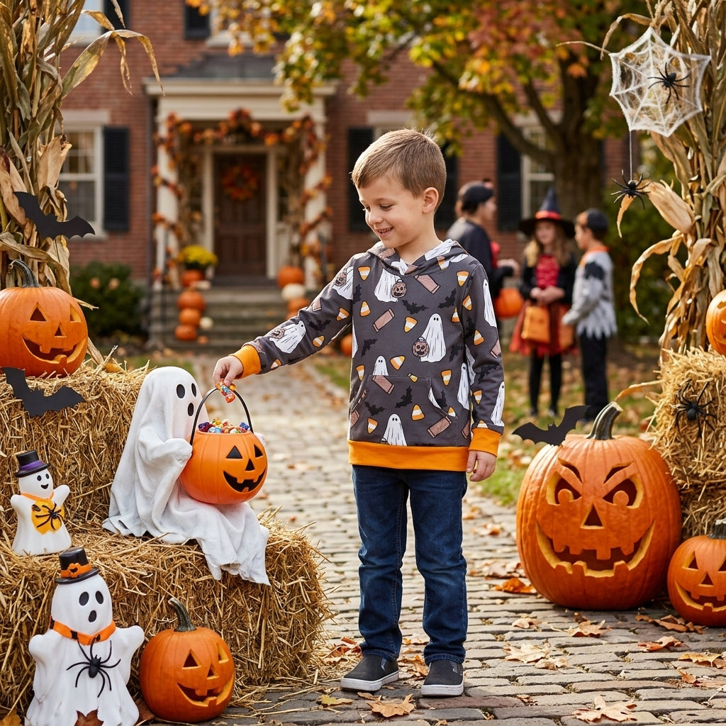 BT1898 Ghost Candy Bat Print Boys Halloween Long Sleeve Hoodie Top