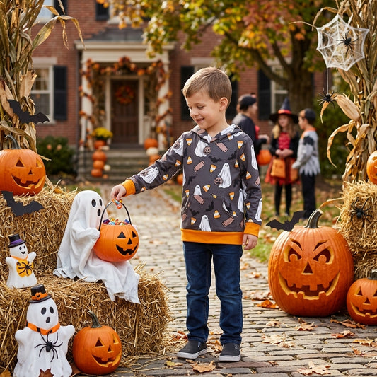 BT1898 Ghost Candy Bat Print Boys Halloween Long Sleeve Hoodie Top