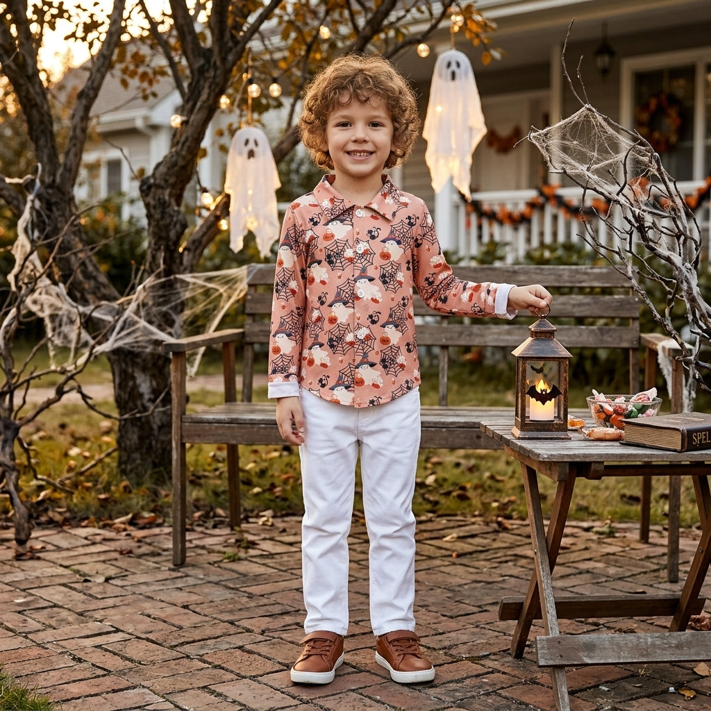 BT1902 Ghost Web Print Boys Halloween Long Sleeve Tee Shirts Top