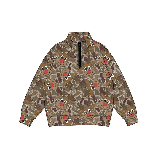 8.10 BT1903 Preorder Deer Camo Print Boys Christmas Long Sleeve Zipper Pullover Top