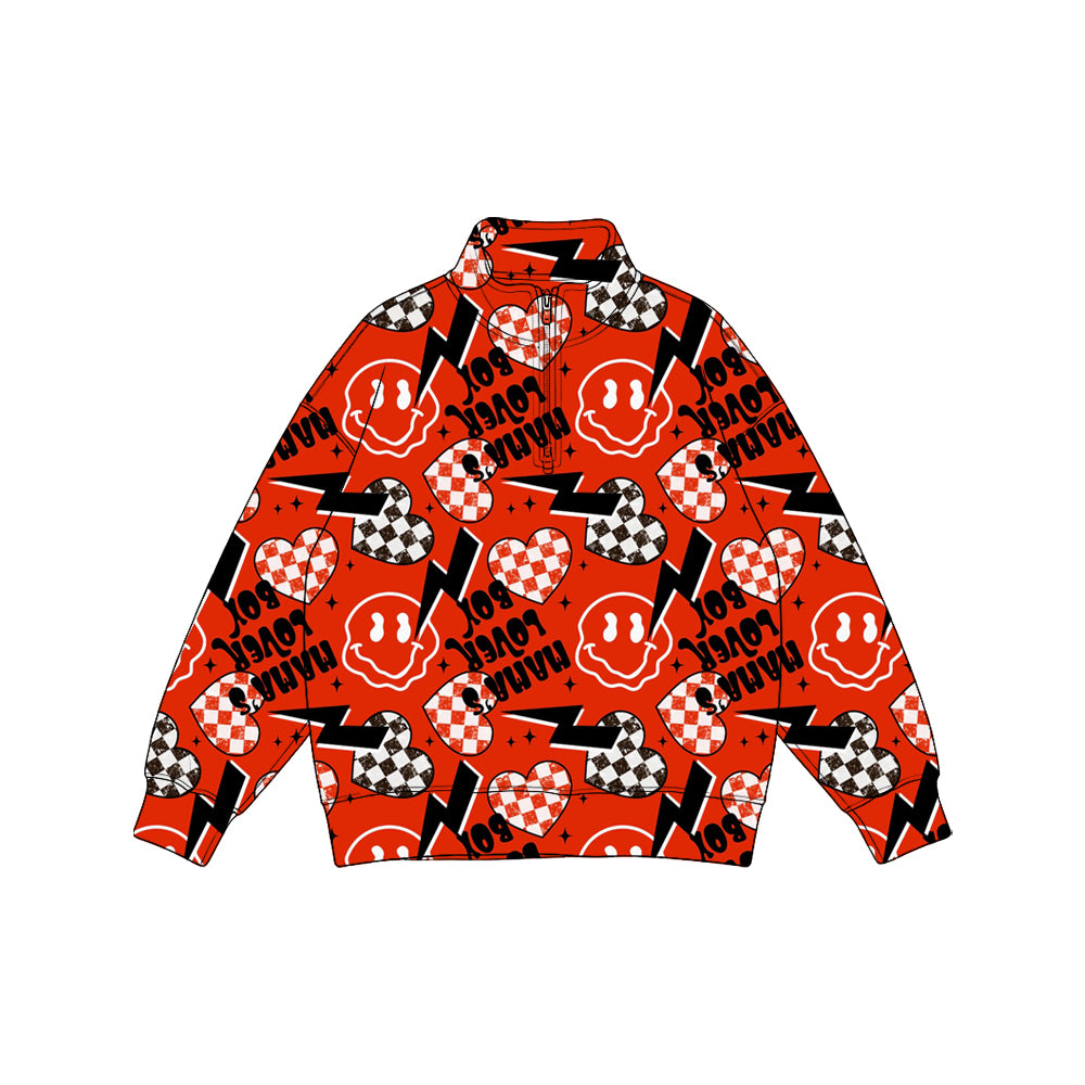 8.10 Preorder Kids Boys Red Smiley Checkered Heart Quarter Zip Pullover Sweatshirt