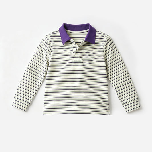 8.13 BT1911 Preorder Purple Green Stripes Print Boys Mardi Gras Polo Tee Shirts Top