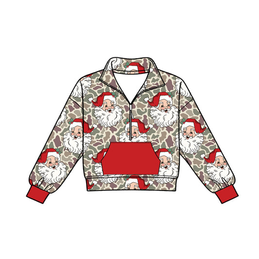 8.19 BT1916 Preorder Santa Camo Print Boys Christmas Zipper Pocket Pullover Top