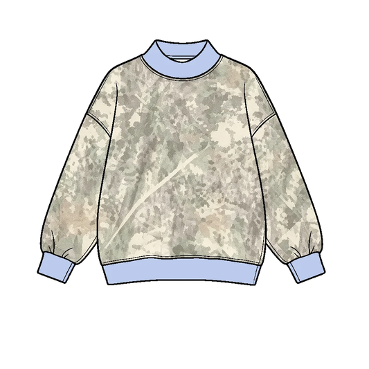 8.20 Preorder BT1919 Kids Girls Realtree Camo Light Blue Trim Mock Neck Long Sleeve Active Pullover Top