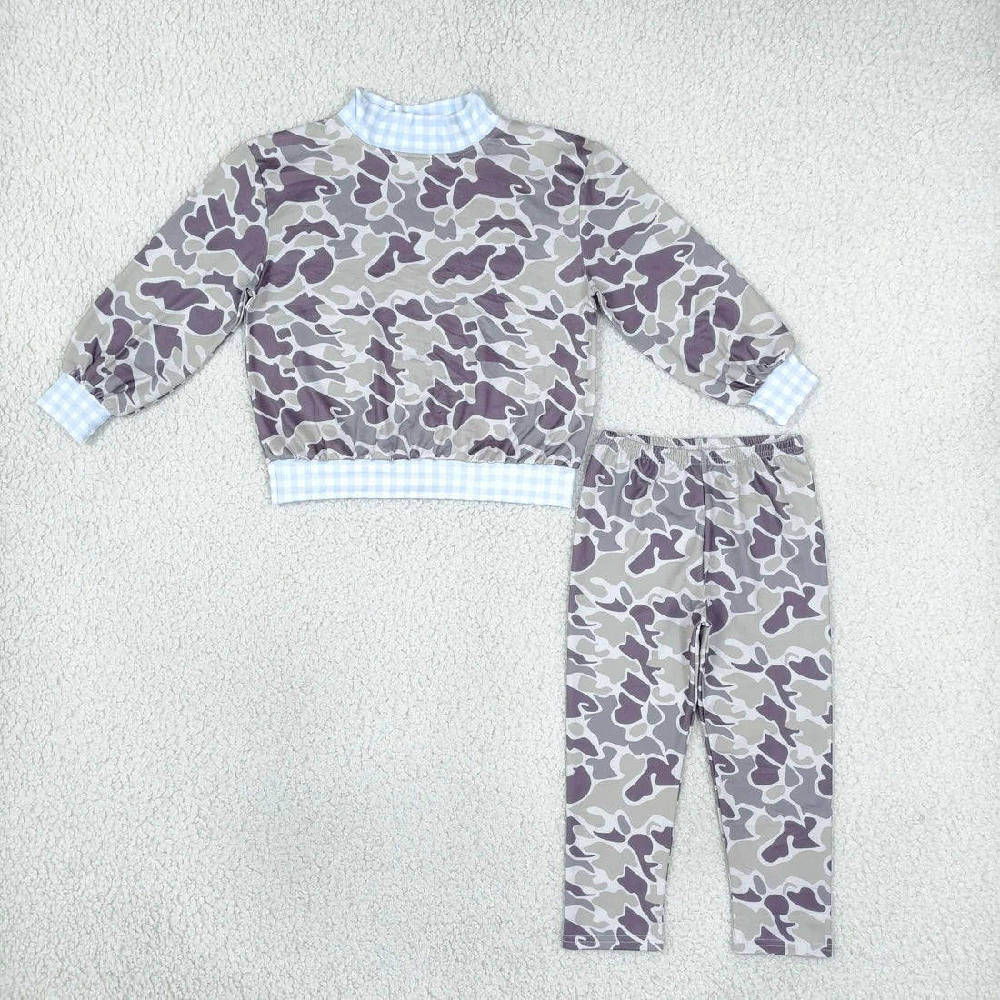 Sibling Kids Girls Boys Camo Gingham Trim Long Sleeve Pants Outfit