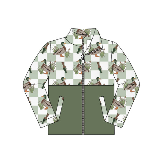 8.24 BT1932 Preorder Duck Call Checkered Green Print Boys Pockets Zipper Jacket Top