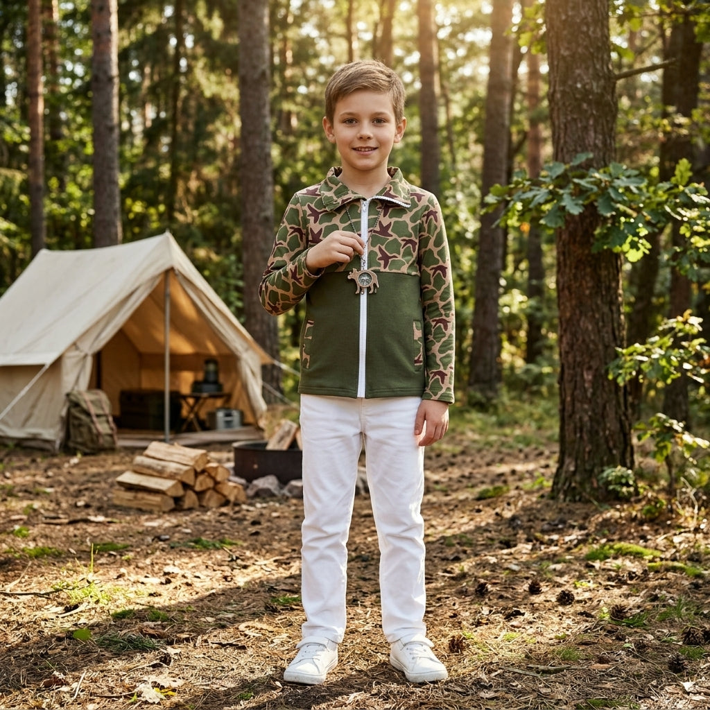 BT1933 Duck Green Camo Print Boys Pockets Zipper Jacket Top