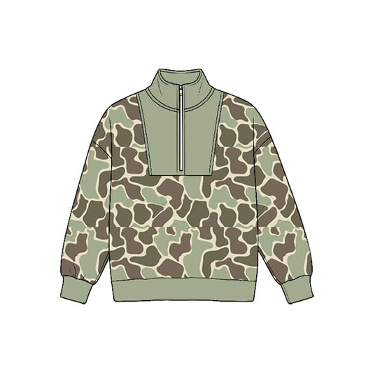 8.25  Preorder Olive Duck Camo Half‑Zip  Long Sleeve Pullover Top