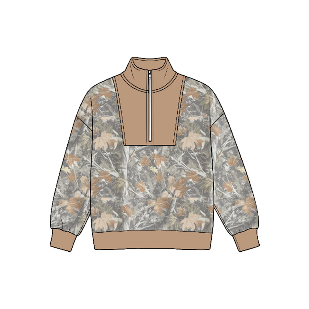 8.25  BT1948 Preorder Tree Camo Half‑Zip Long Sleeve Pullover Top