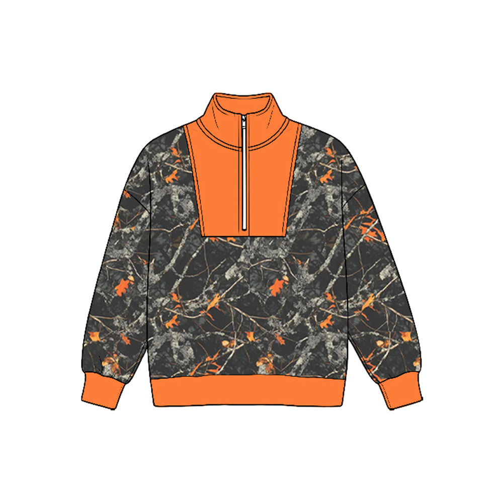 8.25  BLP1590 Preorder Orange Accent Tree Camo Half‑Zip  Long Sleeve Pullover Top
