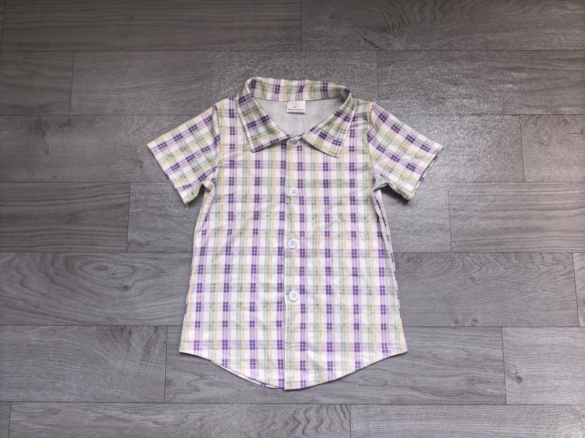 9.2 BT1957 Preorder Green Purple Yellow Checkered Print Boys Mardi Gras Short Sleeve Tee Shirts Top