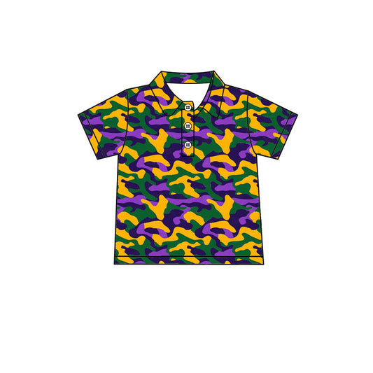 9.3 BT1958 Preorder Baby  Boys Mardi Gras Green Yellow Purple Camo Short Sleeve Polo