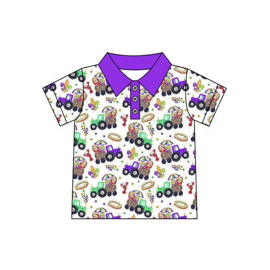 9.3 BT1959 Preorder Baby Boys Mardi Gras Tractor Carwfish King Short Sleeve Polo Shirt