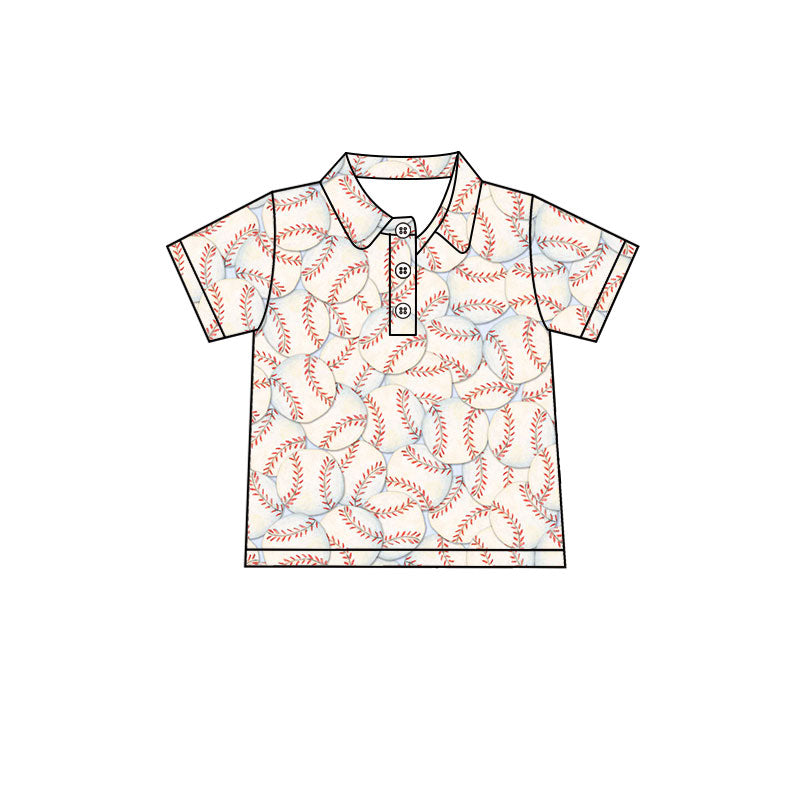 9.25 BT1977 Preorder Baseball White Print Boys Short Sleeve Polo Tee Shirts Top
