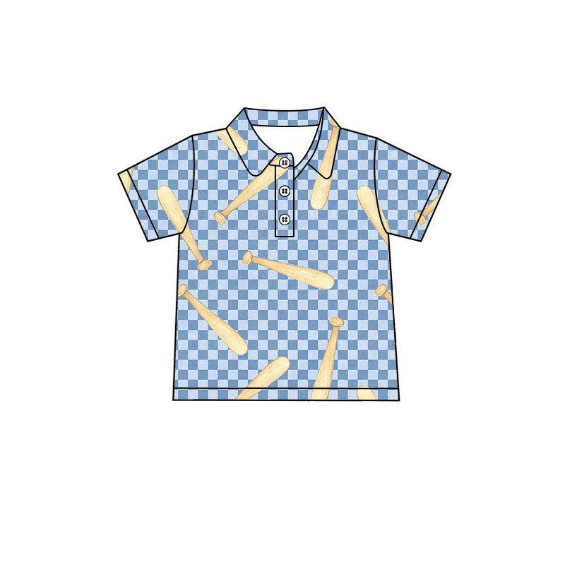 9.25 BT1980 Preorder Baseball Blue Checkered Print Boys Short Sleeve Polo Tee Shirts Top