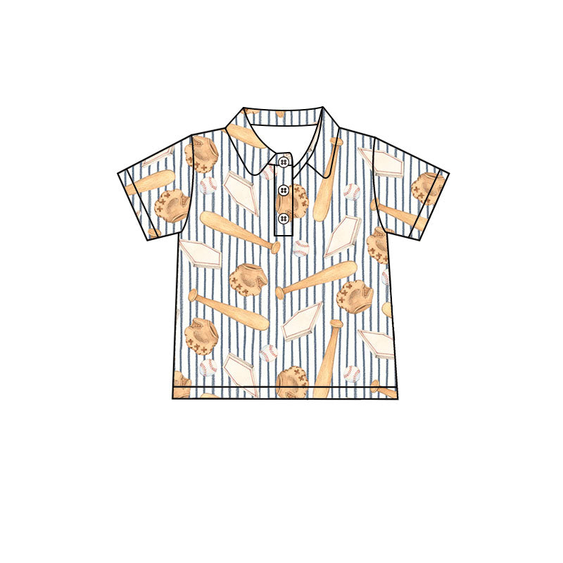 9.25 BT1981 Preorder Baseball Stripes Print Boys Short Sleeve Polo Tee Shirts Top