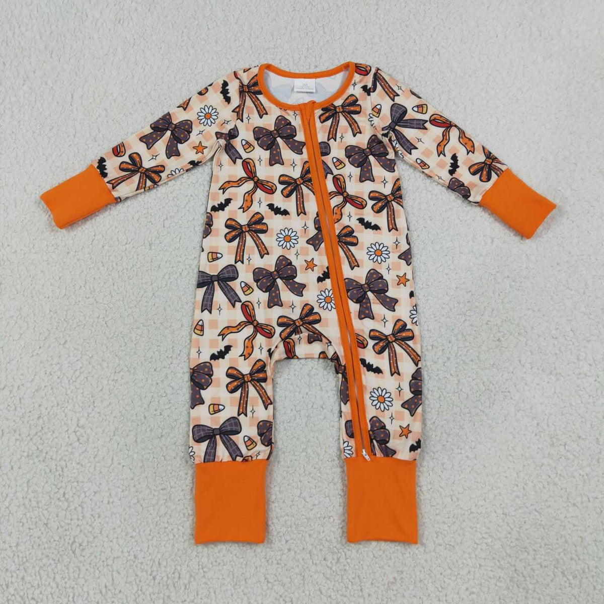 LR3161 Bows Candy Flowers Bat Baby Girls Halloween Long Sleeve Zipper Sleeper Romper