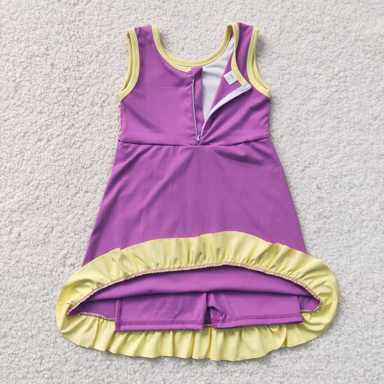 Purple & Yellow Girls Sleeveless Scallop Yoga Dress