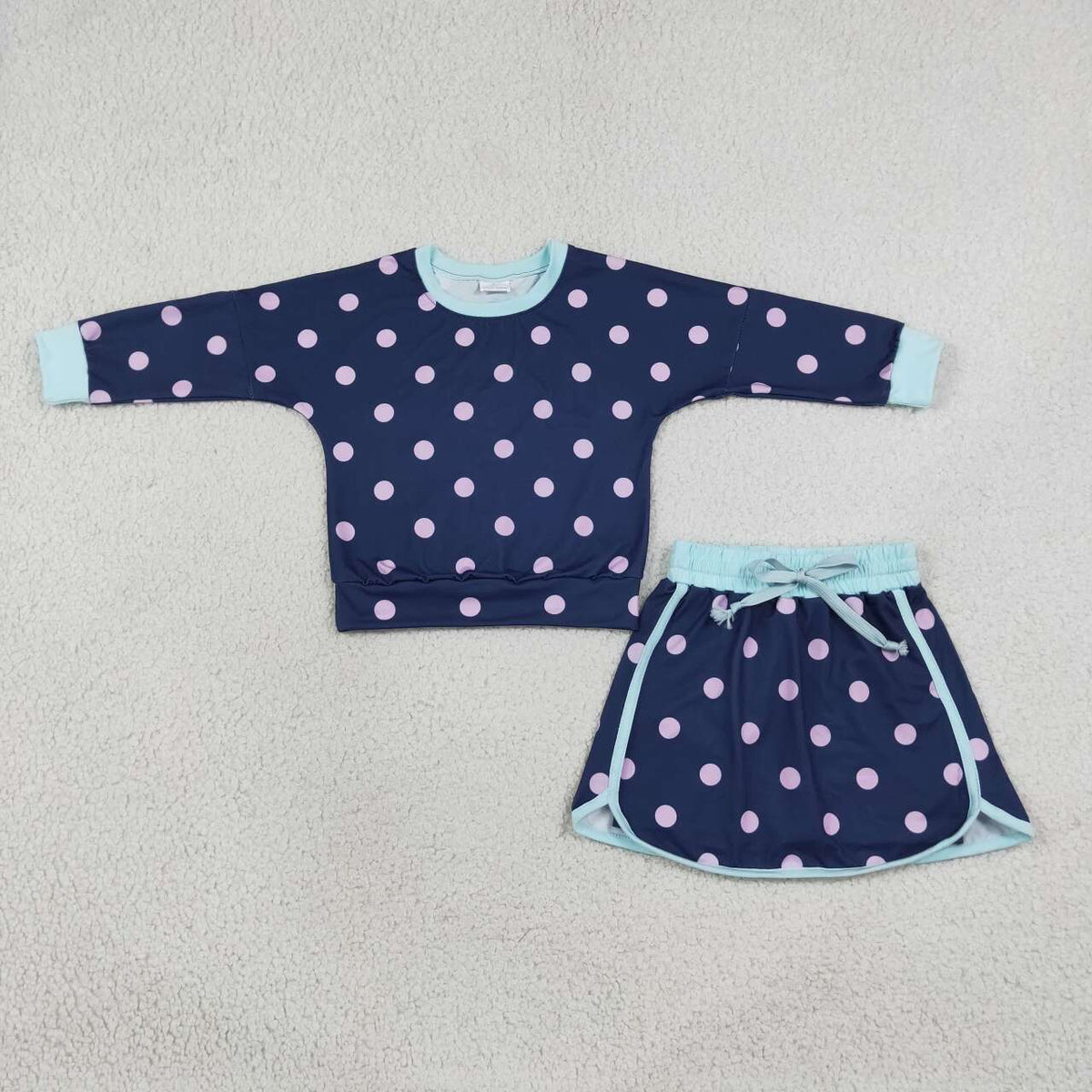 Kids Girls Navy Pink Polka Dot Long Sleeve Top with SKort Outfit
