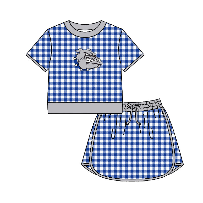 (Custom Design Preorder MOQ 5) Teams Bartlett Bulldogs Grey Edge Top Blue Checkerd Skort Girls Summer Yoga Clothes Set