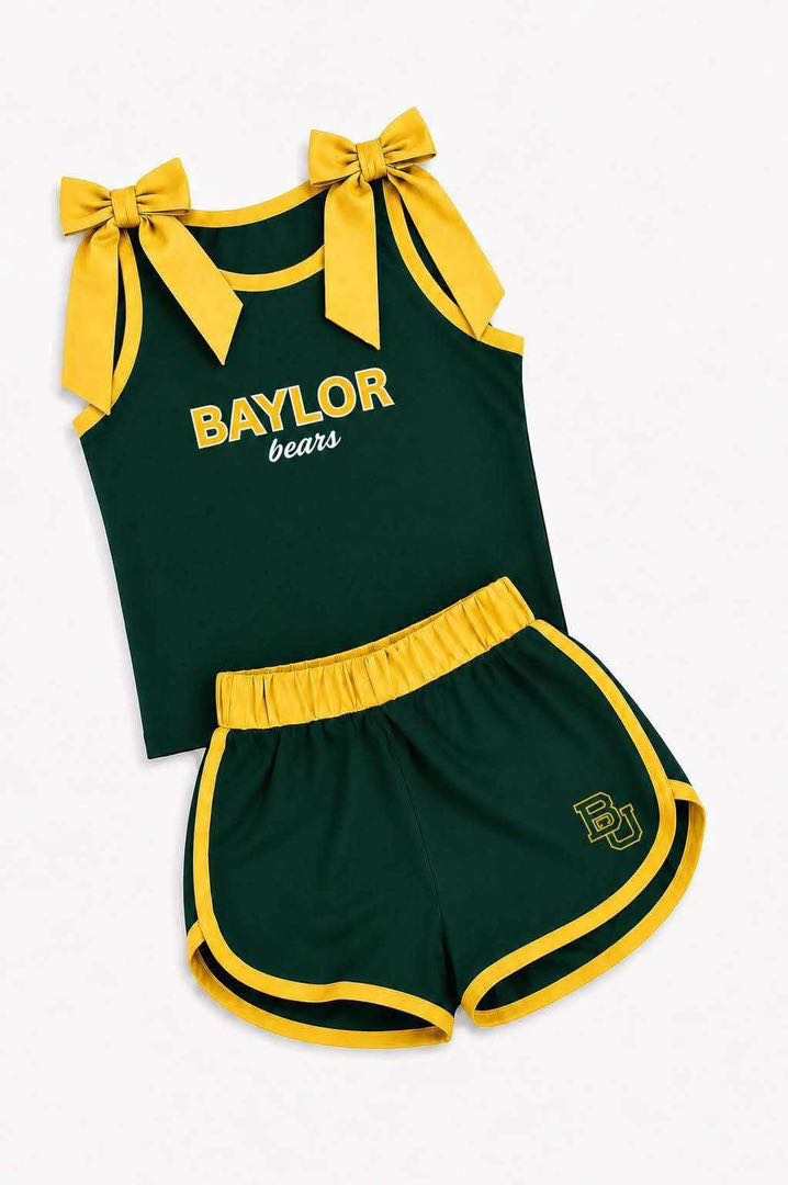 (Custom Design Preorder MOQ 5) Teams Baylor bears Yellow Bows Vest Top Shorts Mommy and Me Summer Yoga Clothes Set